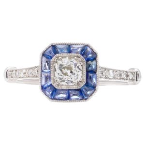 Old European Cut Diamond and Sapphire Cluster Engagement Ring