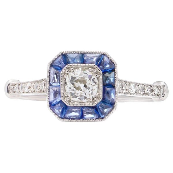 Old European Cut Diamond and Sapphire Cluster Engagement Ring in Platinum