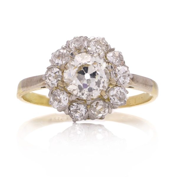 Antique Art Deco Old cut Diamond cluster ring, yellow gold band 1.50 carats