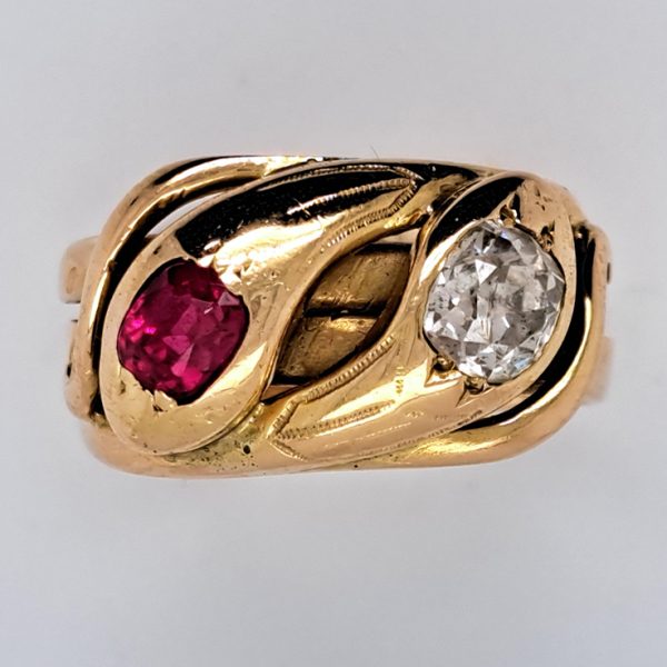 Antique Old Mine Cut Diamond and Ruby Set 18ct Yellow Gold Double Head Snake Ring