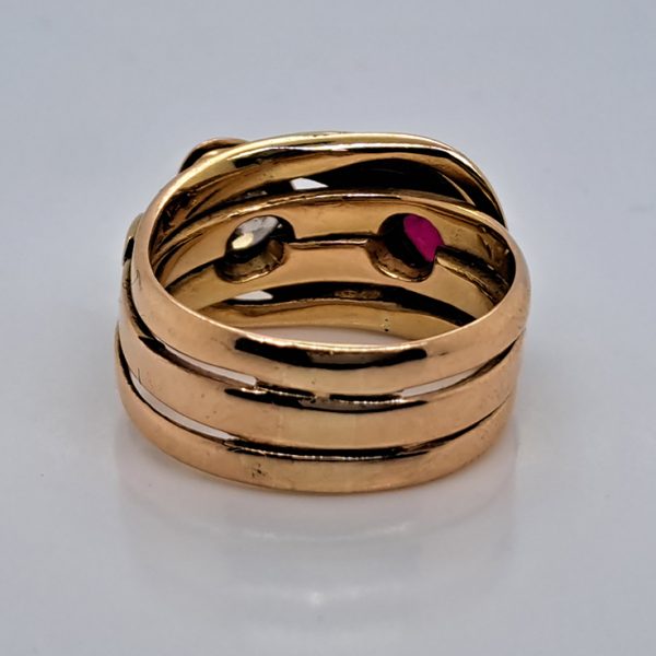 Antique Old Mine Cut Diamond and Ruby Set 18ct Yellow Gold Double Head Snake Ring
