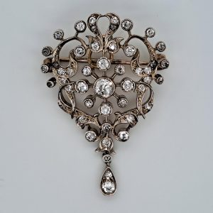 Antique Old Cut Diamond Cluster Pendant Come Brooch, set with sparkling old cut diamonds in platinum on 14ct gold