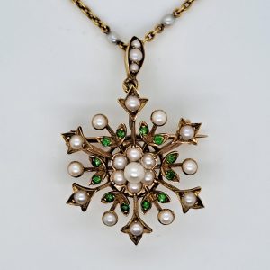 Victorian Antique Demantoid Garnet and Pearl 15ct Gold Snowflake Pendant Brooch