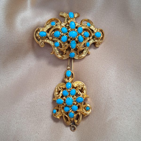 Antique Cabochon Turquoise and 15ct Gold Convertible Pendant Brooch with detachable elements providing a one-of-a-kind versatile piece of jewellery