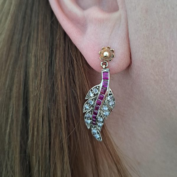 Antique Ruby and Rose Cut Diamond Leaf Drop Earrings