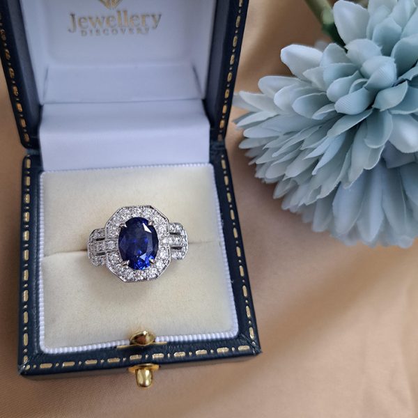 4ct Sapphire and Diamond Cluster Engagement Ring in 18ct White Gold