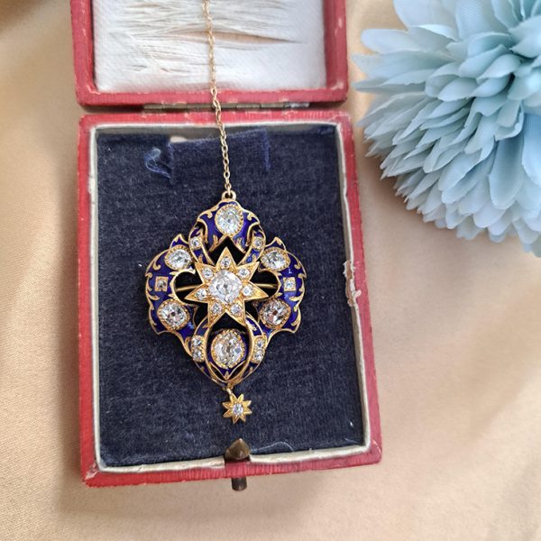 Victorian Antique 2.80ct Old Cut Diamond Blue Enamel and Gold Pendant Brooch