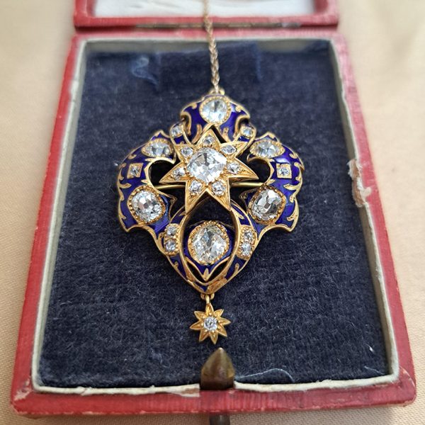 Victorian Antique 2.80ct Old Cut Diamond Blue Enamel and Gold Pendant Brooch