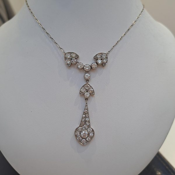 Fine Antique Diamond Cluster and Platinum Pendant Necklace