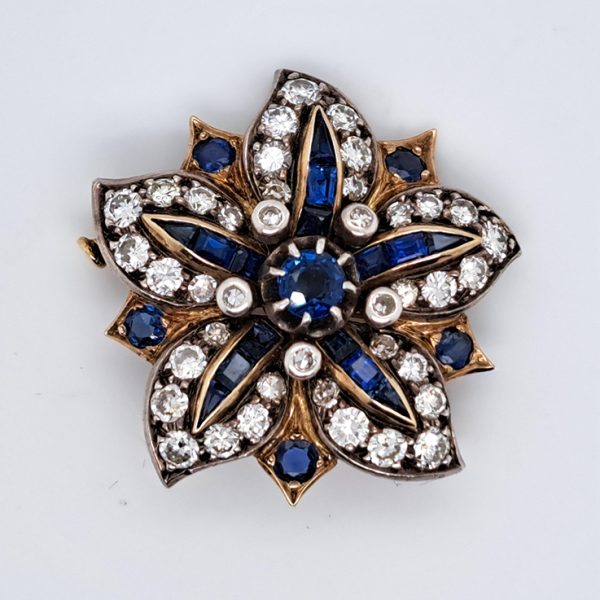 Antique Sapphire and Diamond Flower Five Point Brooch