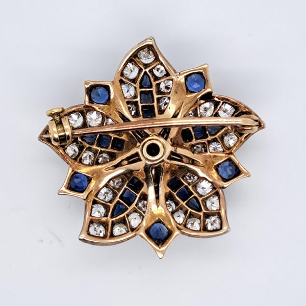Antique Sapphire and Diamond Flower Five Point Brooch