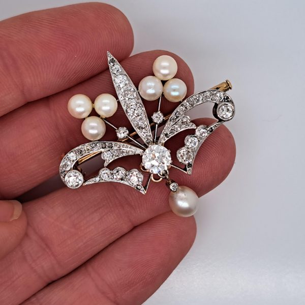 Antique Old Cut Diamond and Pearl Pendant Brooch of trefoil design