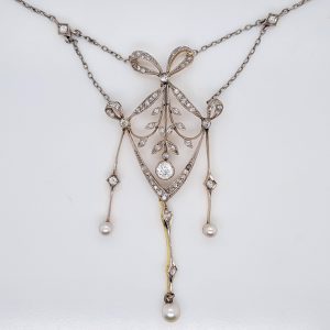 Edwardian Antique Diamond and Pearl Bow Pendant Necklace