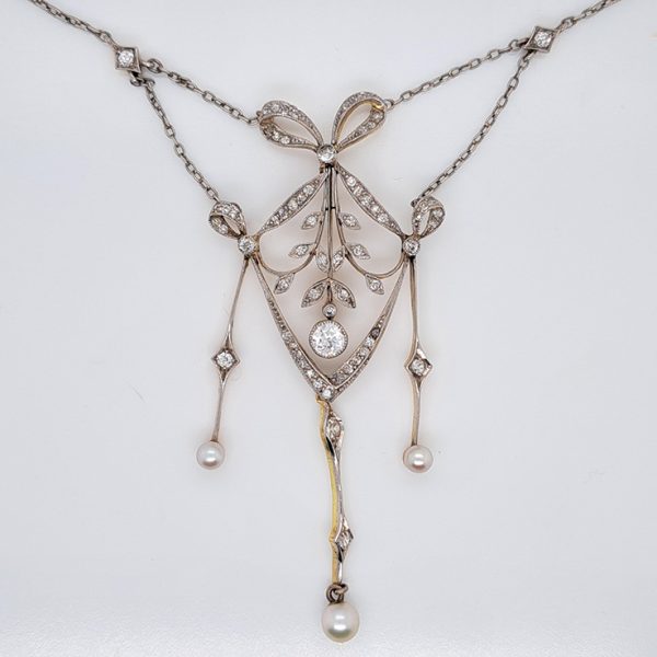 Edwardian Antique Diamond Bow and Swag Pendant Necklace with Pearl Drops