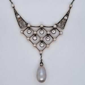 Belle Epoque Diamond and Natural Pearl Pendant Necklace