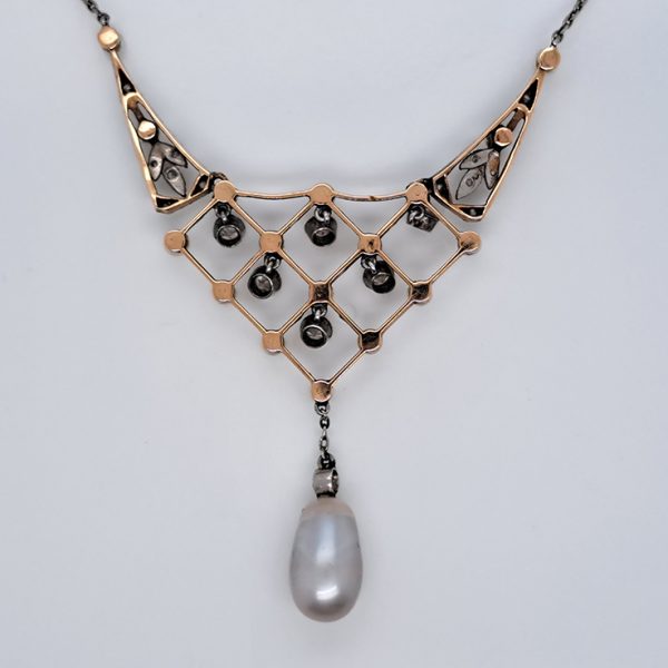 Antique Belle Epoque Diamond and Natural Pearl Pendant Necklace