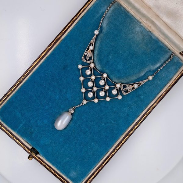 Antique Belle Epoque Diamond and Natural Pearl Pendant Necklace
