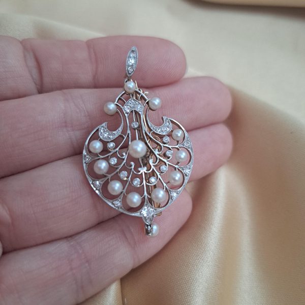 Victorian Antique Old Cut and Rose Cut Diamond and Pearl Pendant come Brooch