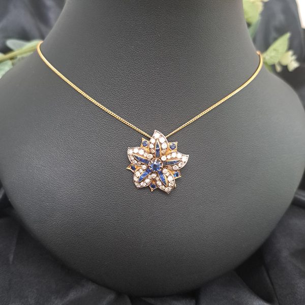 Antique Sapphire and Diamond Flower Five Point Brooch com Pendant