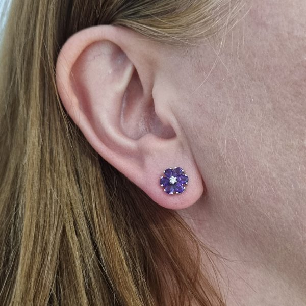 Amethyst and Diamond Flower Cluster Stud Earrings