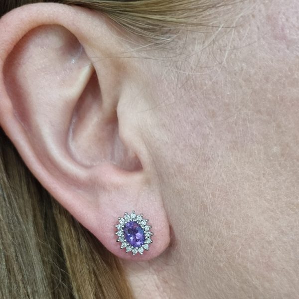 Oval Amethyst and Diamond Cluster Stud Earrings