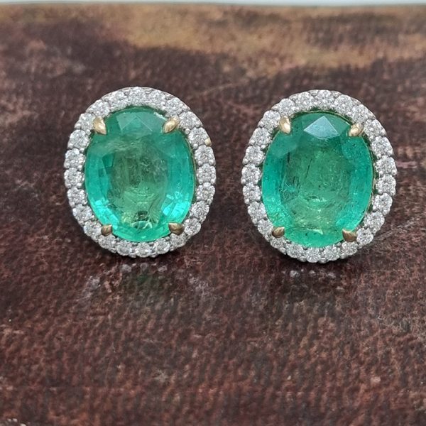 7.41ct Oval Emerald and Diamond Halo Cluster Stud Earrings