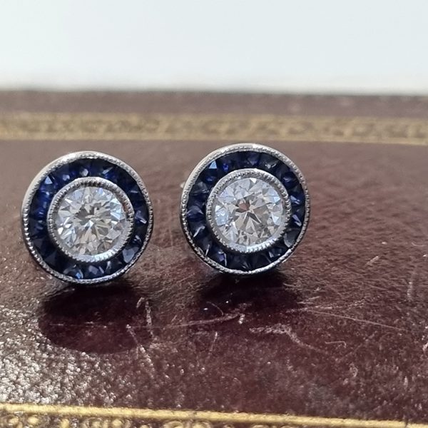 1.01ct Brilliant Cut Diamond and Calibre Sapphire Halo Cluster Stud Earrings