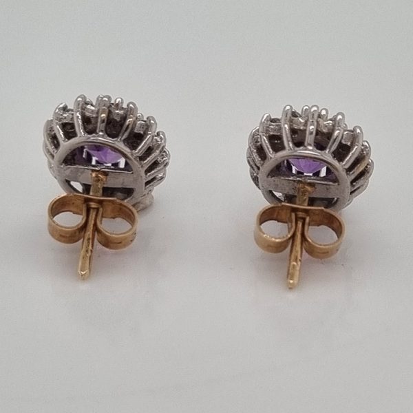 Oval Amethyst and Diamond Cluster Stud Earrings