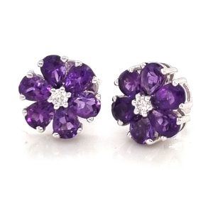 Amethyst and Diamond Flower Cluster Stud Earrings