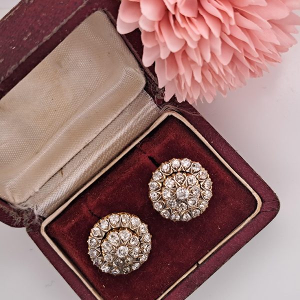 Victorian Antique 2.90ct Old Mine Cut Diamond Coronet Cluster Earrings