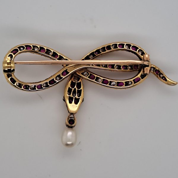 Antique Burma Ruby Diamond and Natural Pearl Snake Brooch