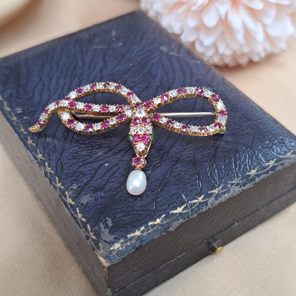 Antique Burma Ruby and Old Cut Diamond Snake Brooch with Emerald Eyes and Natural Pearl Drop