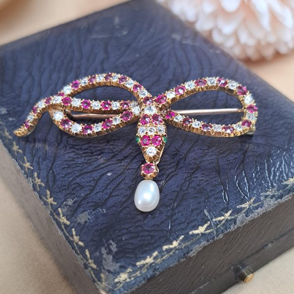 Antique Burma Ruby and Old Cut Diamond Snake Brooch with Emerald Eyes and Natural Pearl Drop