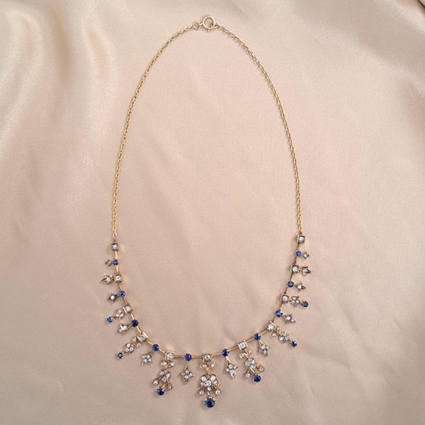 Edwardian Antique Sapphire and Old Cut Diamond Fringe Necklace in Yellow Gold