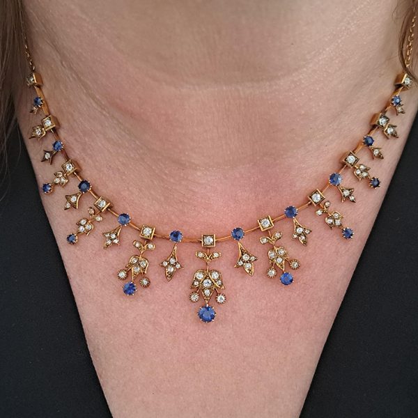 Edwardian Antique Sapphire and Old Cut Diamond Fringe Necklace in Yellow Gold