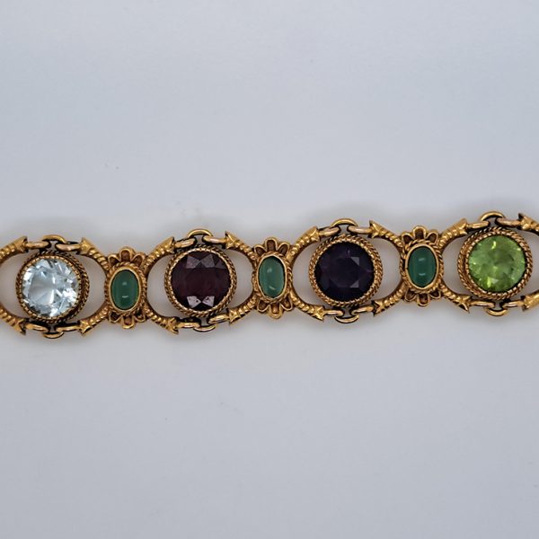 Edwardian Antique Multi Gemstone and Yellow Gold Bracelet, with amethyst, garnet, peridot, aquamarine, tourmaline, citrine and emeralds