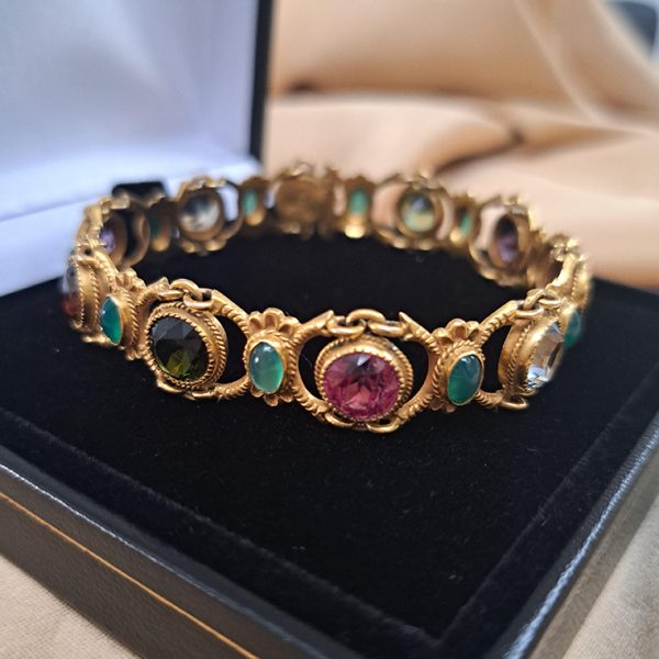Edwardian Antique Multi Gemstone and Yellow Gold Bracelet, with amethyst, garnet, peridot, aquamarine, tourmaline, citrine and emeralds