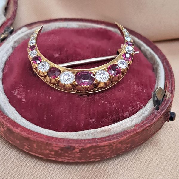 Victorian Antique Cushion Cut Ruby and Old Mine Cut Diamond Crescent Moon Brooch