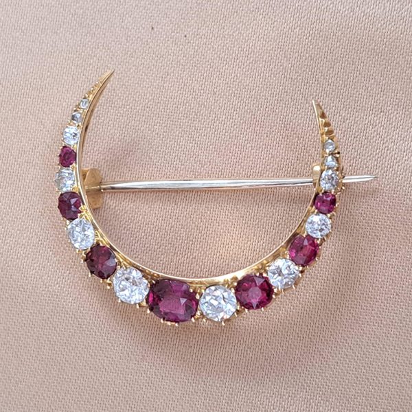 Victorian Antique Cushion Cut Ruby and Old Mine Cut Diamond Crescent Moon Brooch