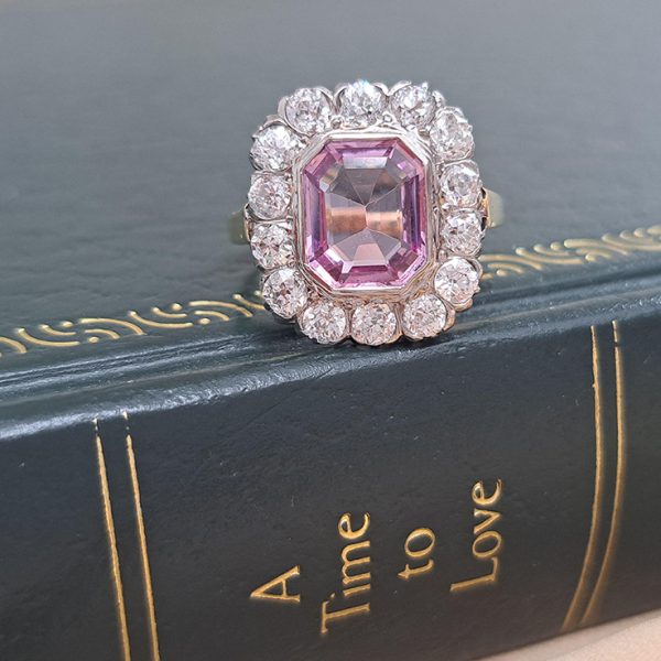 Vintage 3ct Natural Pink Spinel and Old Cut Diamond Cluster Engagement Ring