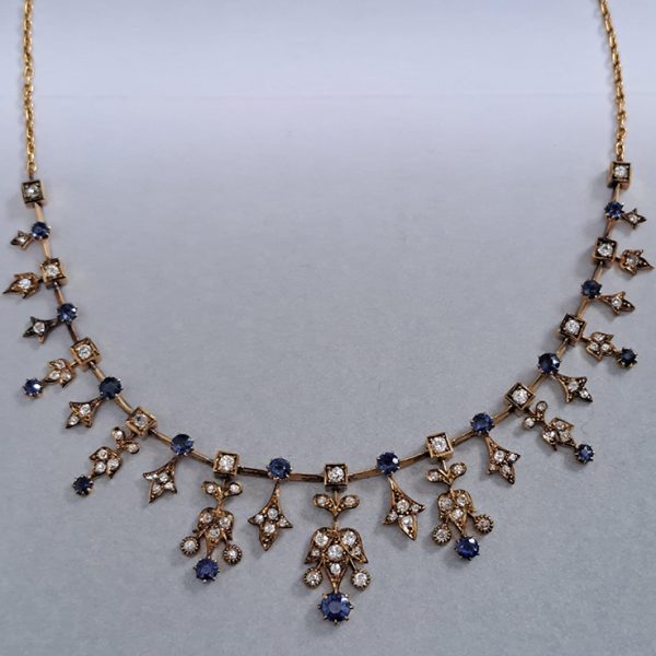 V=Edwardian Antique Sapphire and Old Cut Diamond Fringe Necklace in Yellow Gold