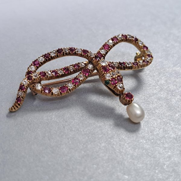 Antique Burma Ruby Diamond and Natural Pearl Snake Brooch