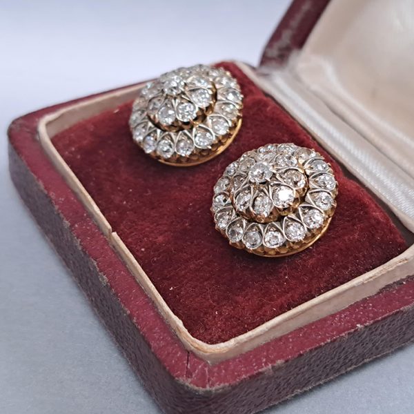 Victorian Antique 2.90ct Old Mine Cut Diamond Coronet Cluster Earrings