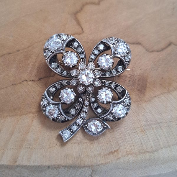 Antique 4ct Old Transitional Cut Diamond Lucky Four Leaf Clover Brooch