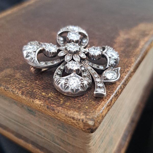 Antique 4ct Old Cut Diamond Lucky Four Leaf Clover Brooch
