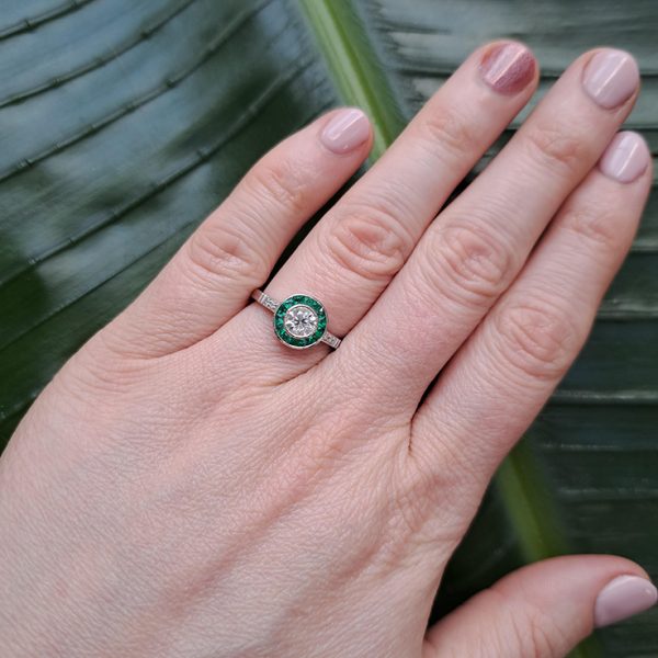 0.51ct Diamond and Emerald Target Engagement Ring