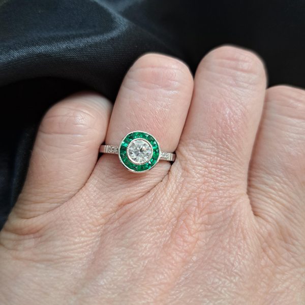 0.51ct Diamond and Emerald Target Engagement Ring