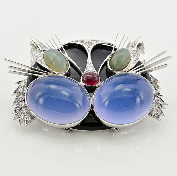 Vintage Italian Multi Gemstone Cat Brooch, with Blue Moonstone Chrysoberyl Ruby and Diamonds