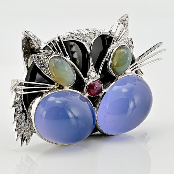 Vintage Italian Multi Gemstone Cat Brooch with Blue Moonstone Chrysoberyl Ruby and Diamond in 18ct White Gold