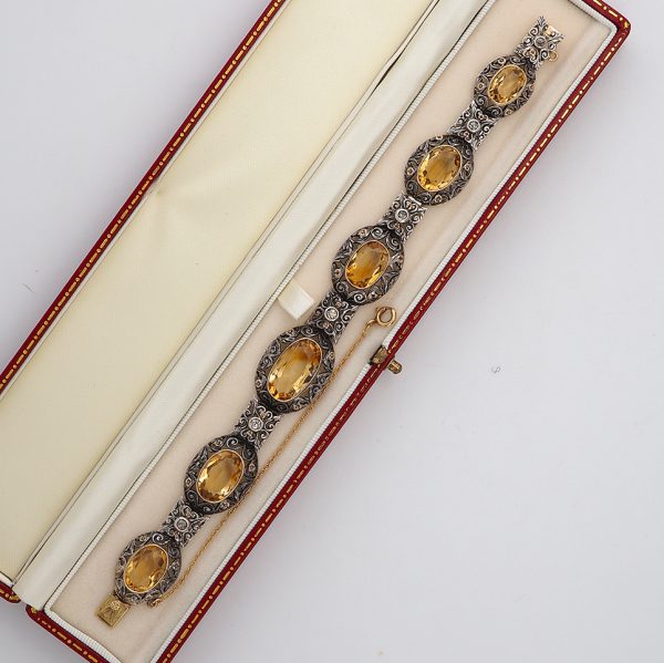 Edwardian Antique 25.45ct Natural Citrine Oval Panel Link Bracelet with Diamonds